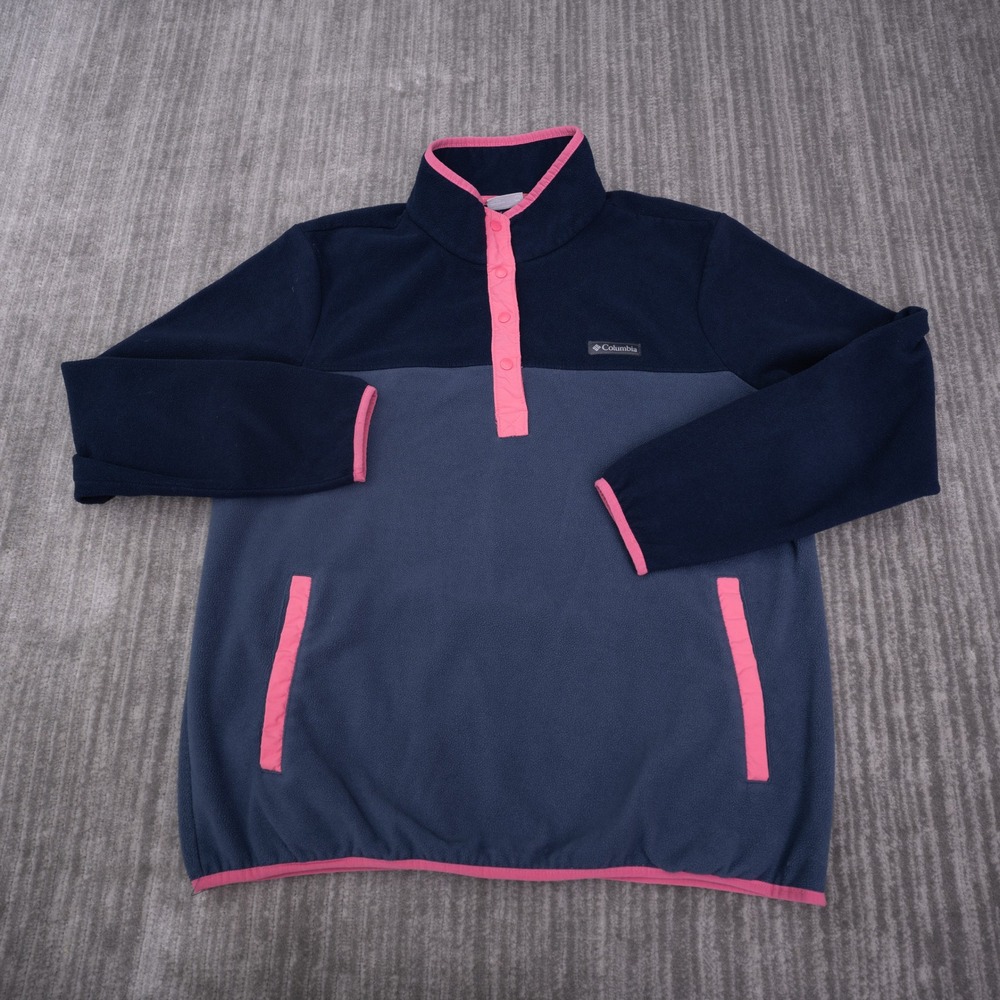 Columbia Fleece Pullover Womens XXL Blue Pink Excellent Snap Mock Neck Pocket
